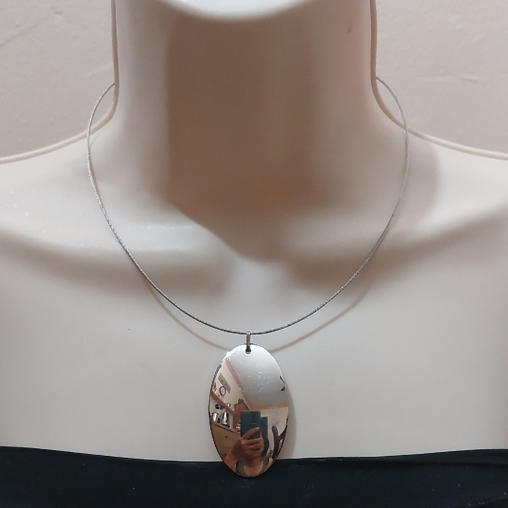 EDFORCE Stainless Steel Cable Wire Necklace With Convex Oval Pendant Minimalist